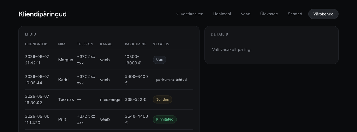 Päringute nimekiri arvutis: aeg, nimi, telefon, kanal, pakkumise summa ja staatus (uus, suhtlus, pakkumine tehtud, kinnitatud, kaotatud).