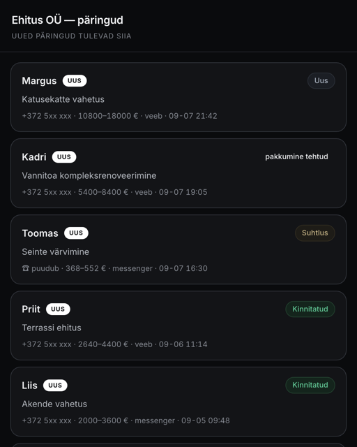 Päringuagent telefonis: päringud kaartidena koos summa, kanali ja staatusega.